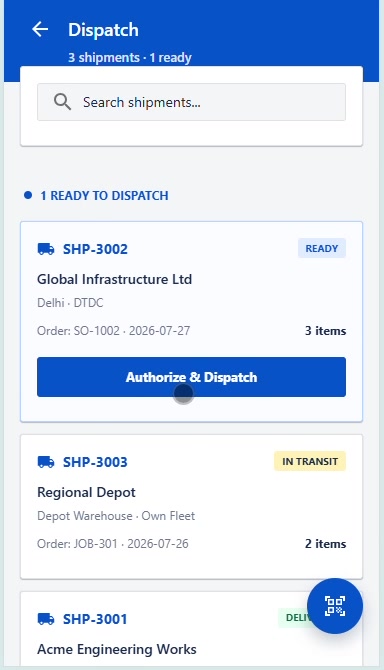 Dispatch — shipments sorted by readiness, with the authorise action only on the one that's ready.