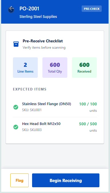 Receiving — purchase orders with completion percentages and unit counts, not bare IDs.
